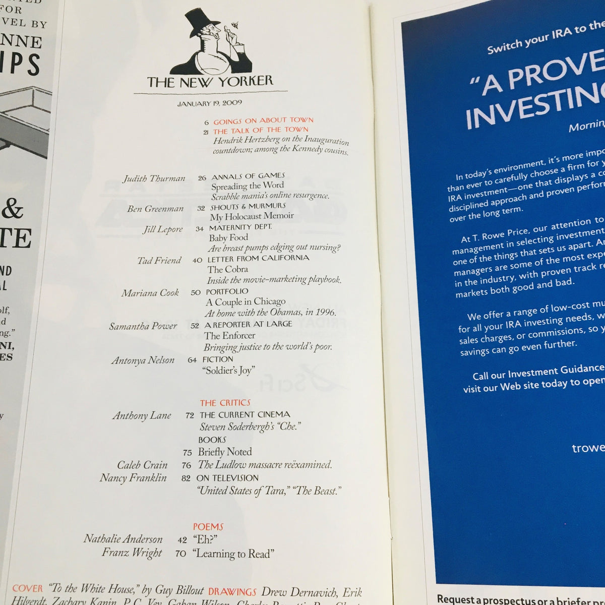 Inside page of The New Yorker January 19 2009 displaying the magazine's table of contents highlighting various articles and contributors.