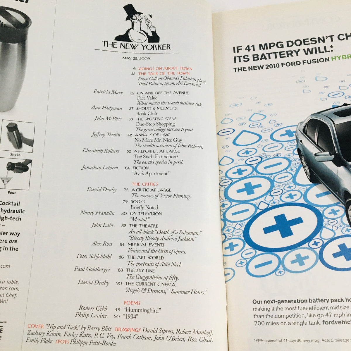A page from The New Yorker Full Magazine May 25, 2009, featuring the table of contents and articles including 'Nip and Tuck' by Barry Blitt. This image showcases the magazine's sophisticated design and rich content structure.