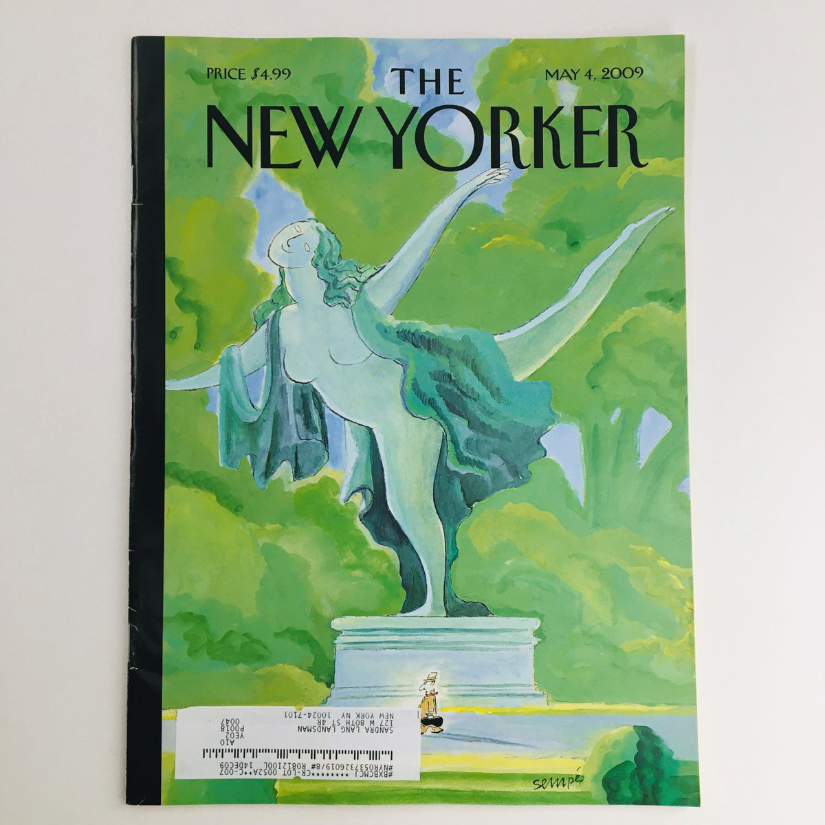 Cover of The New Yorker Full Magazine May 4 2009 featuring artwork titled 'Power and Grace' by Jean-Jacques Sempé, showcasing a graceful statue in a green park setting.