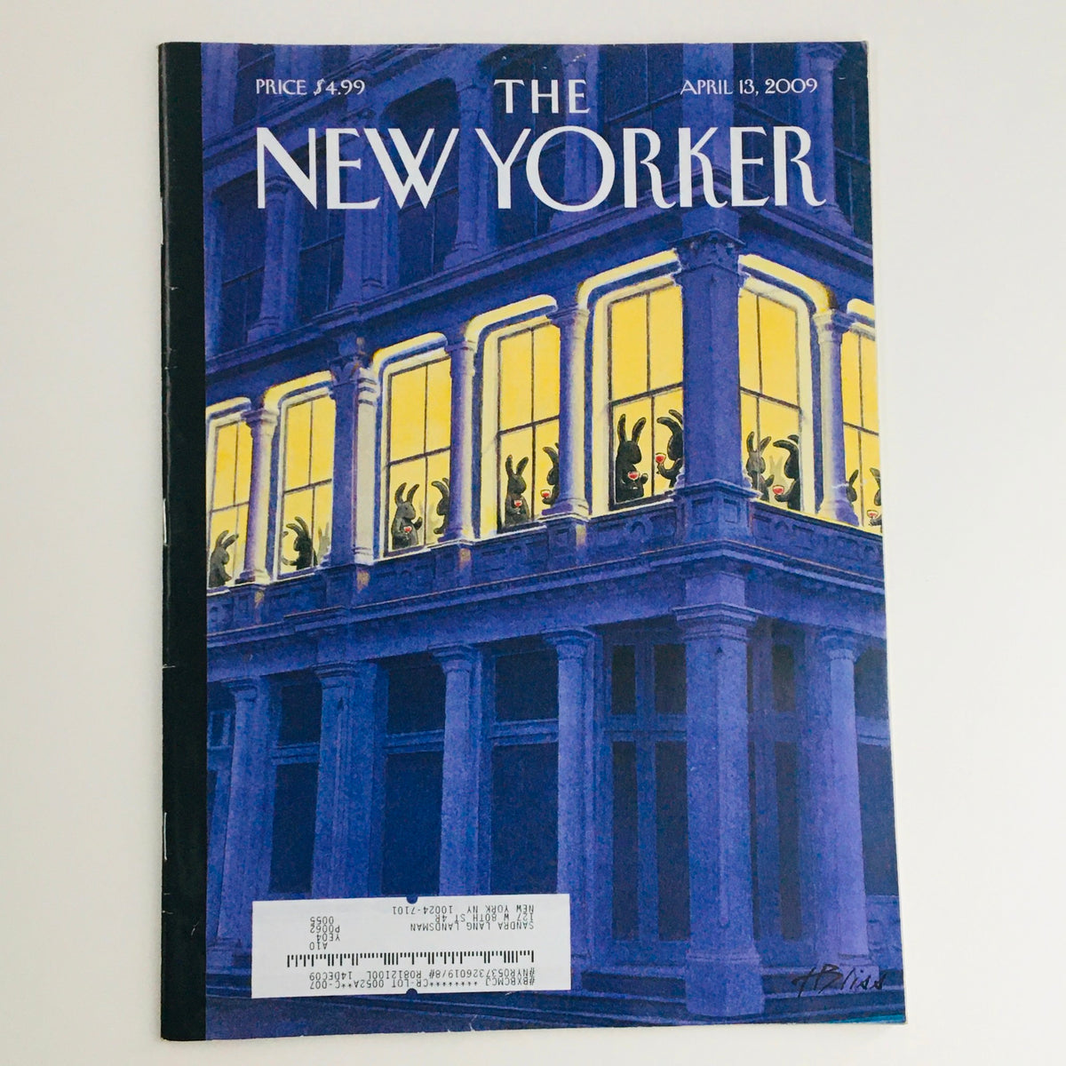 The New Yorker April 13 2009 Full Magazine Theme Cover by Harry Bliss, featuring an artistic depiction of windows illuminated by light, showcasing silhouettes of people inside.