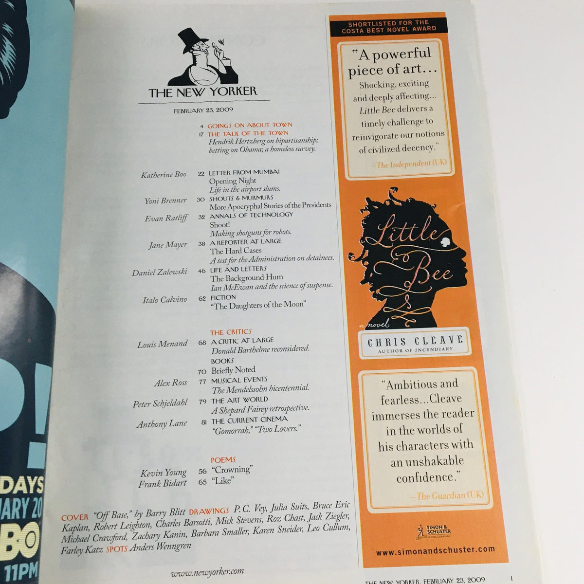 Table of contents from The New Yorker magazine February 23, 2009 showcasing various articles and a promotional section for the book 'Little Bee' by Chris Cleave.