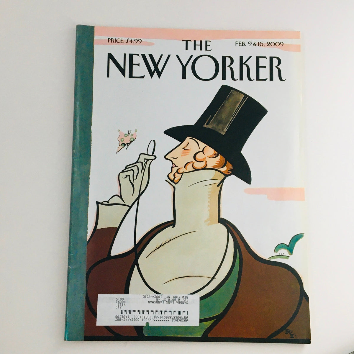 The New Yorker Full Magazine February 9 2009 featuring a stylized cover illustration by Rea Irvin, depicting a well-dressed man holding a spoon, showcasing its unique artistic style.