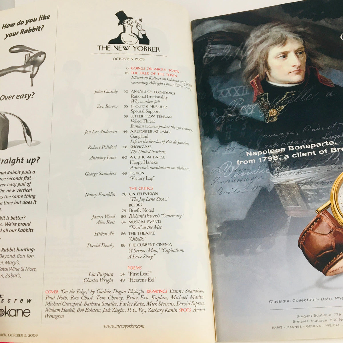 Inside spread of The New Yorker Magazine, October 5, 2009, displaying the table of contents and Napoleon Bonaparte illustration, highlighting various articles for that issue.