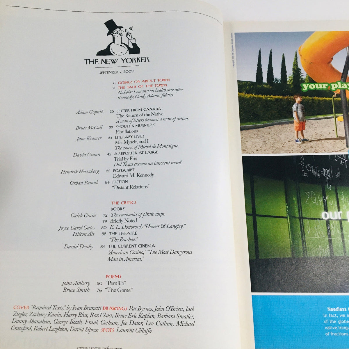 Inside page of The New Yorker Full Magazine September 7 2009, listing articles including 'Required Texts' by Ivan Brunetti and other featured content.