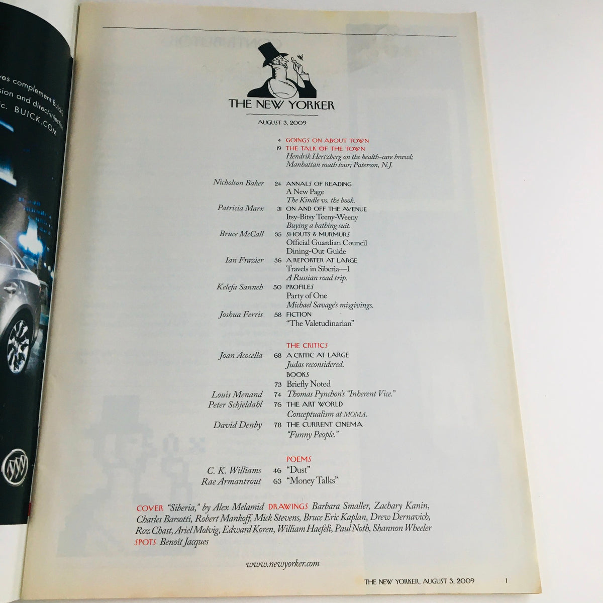 Inside page of The New Yorker Full Magazine August 3 2009 listing contents, including poems and articles, showcasing notable writers and cultural critiques.