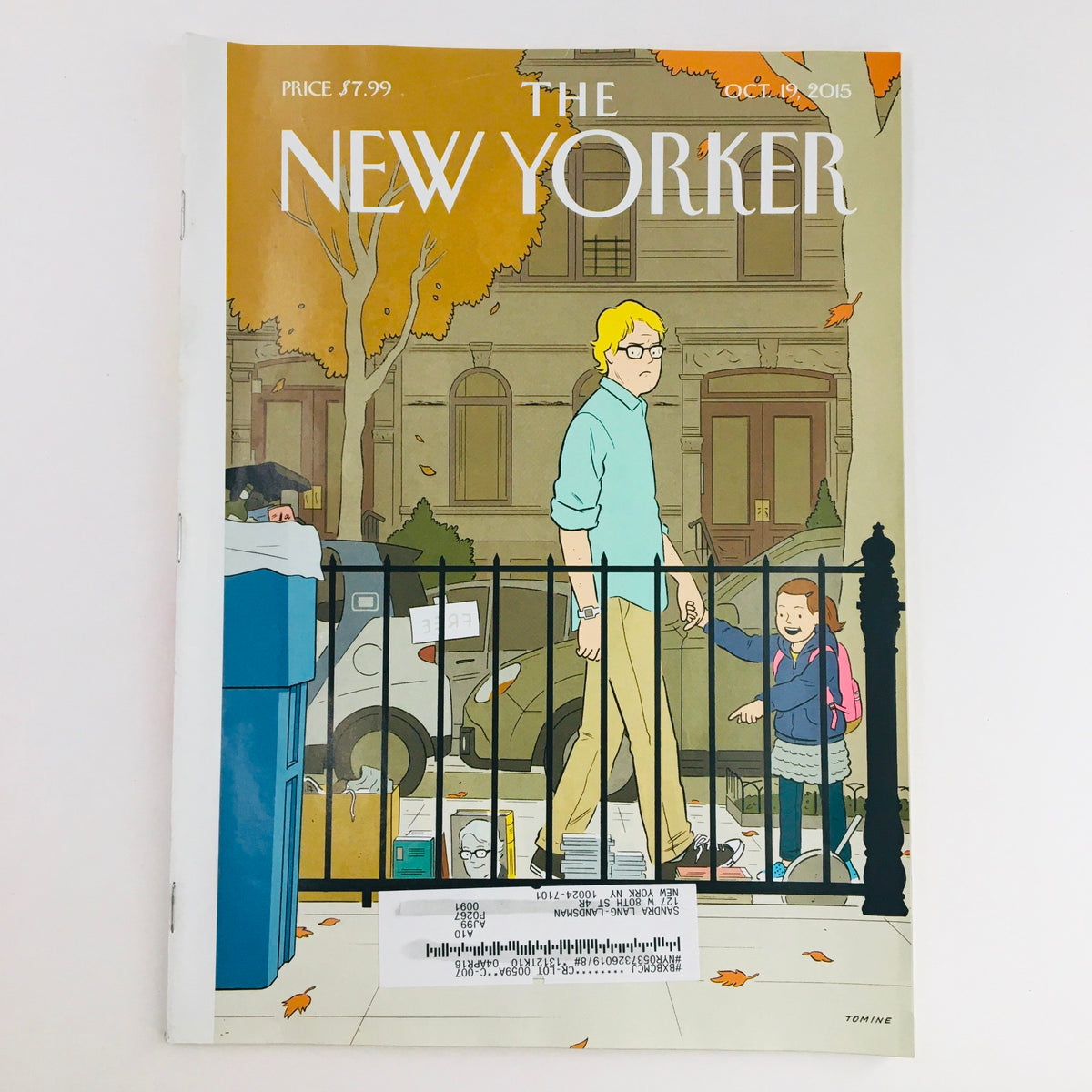 Cover of The New Yorker magazine from October 19, 2015, designed by Adrian Tomine, featuring a whimsical illustration of a man walking with a child, surrounded by autumn leaves, showcasing exceptional graphic design.