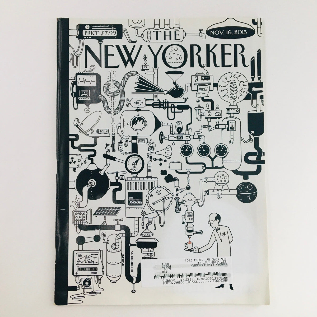 The New Yorker November 16 2015 full magazine theme cover by Christoph Niemann, featuring intricate illustrations representing scientific themes and cultural commentary.