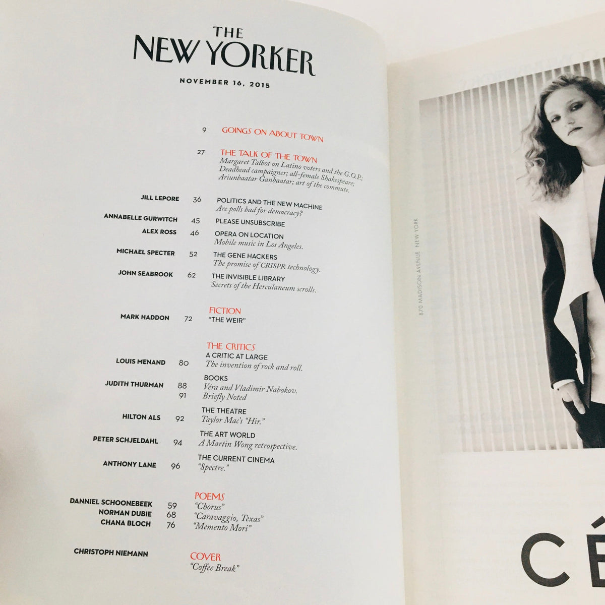 Table of contents from The New Yorker November 16 2015 issue, highlighting articles including 'Gongs on About Town' and 'The Talk of the Town', showcasing contributions from various writers.