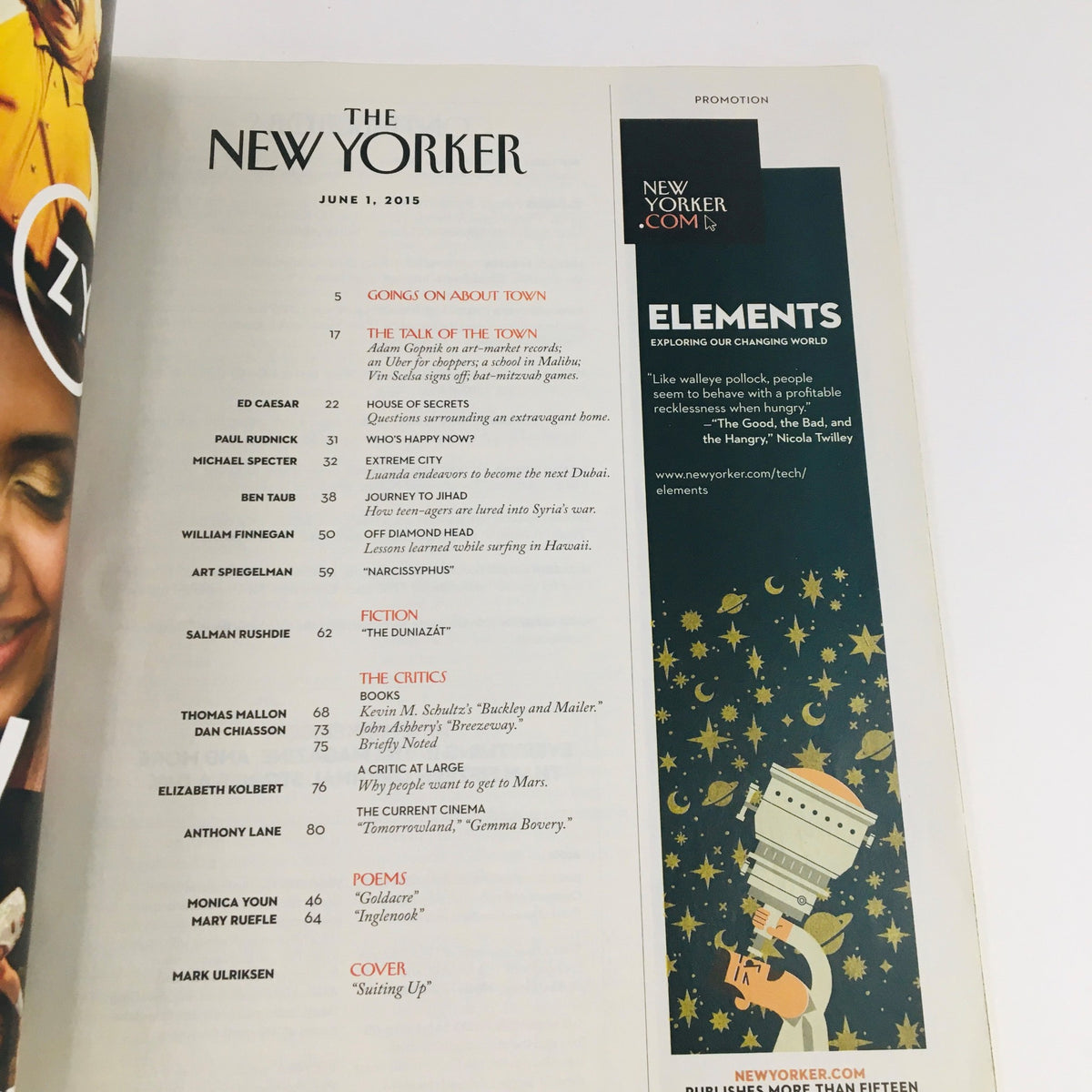 Table of contents from The New Yorker June 1 2015 detailing articles and features, including sections on current events and critiques.