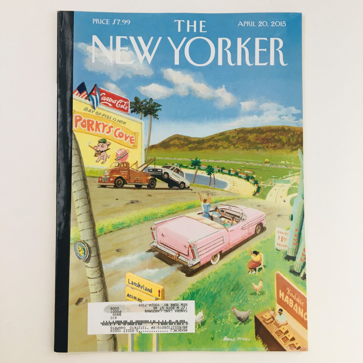 The New Yorker April 20 2015 Full Magazine with cover art by Bruce McCall showcasing a vibrant illustration of a pink convertible car driving along a scenic route, reflecting the unique charm of New York City.