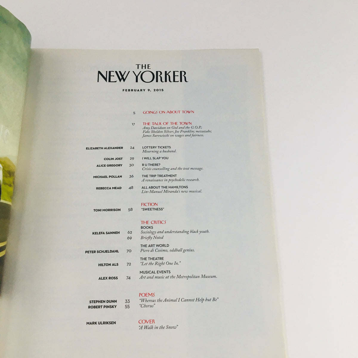 Contents page of The New Yorker February 9, 2015, highlighting articles and contributors, including works by Elizabeth Alexander, Colson Whitehead, and Mark Ulriksen.