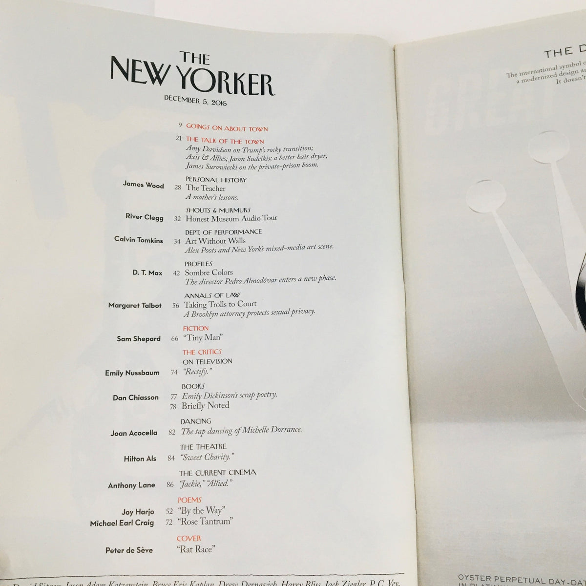 The New Yorker December 5 2016 Full Magazine - Table of Contents showcasing articles and contributors including Peter de Sève, Jerry Holbert, and more. Ideal for collectors.