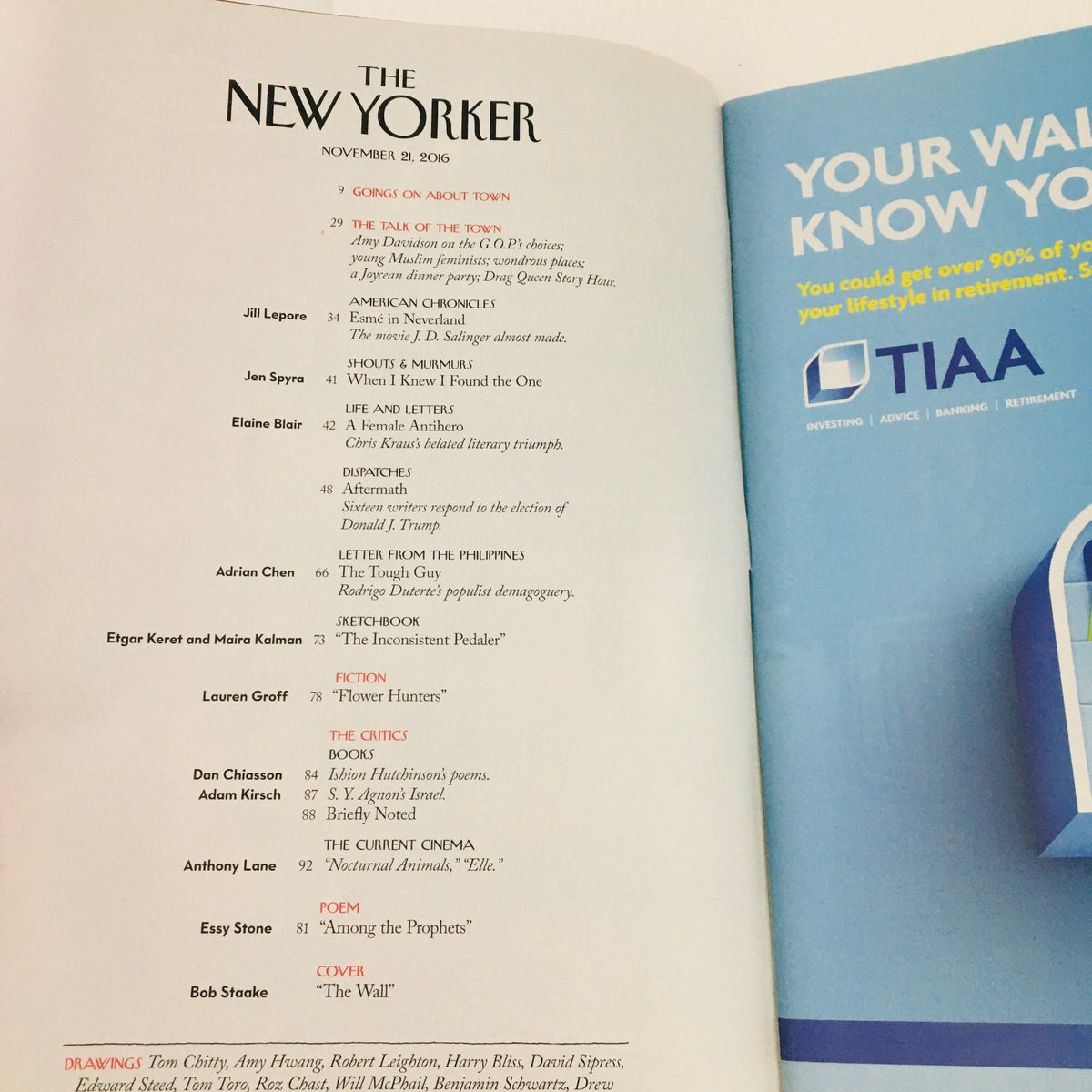 The inside page of The New Yorker November 21 2016 showcasing the table of contents including articles and contributors.