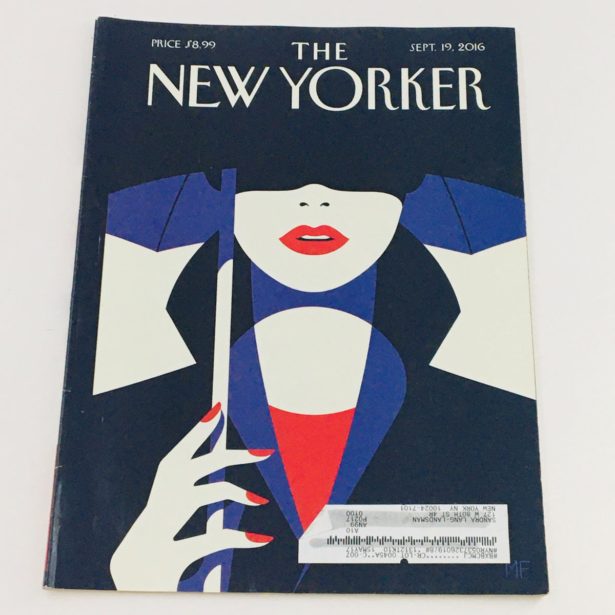 The New Yorker September 19 2016 Full Magazine Theme Cover by Malika Favre, featuring bold colors and a striking design, showcasing a woman with red lips and an umbrella.