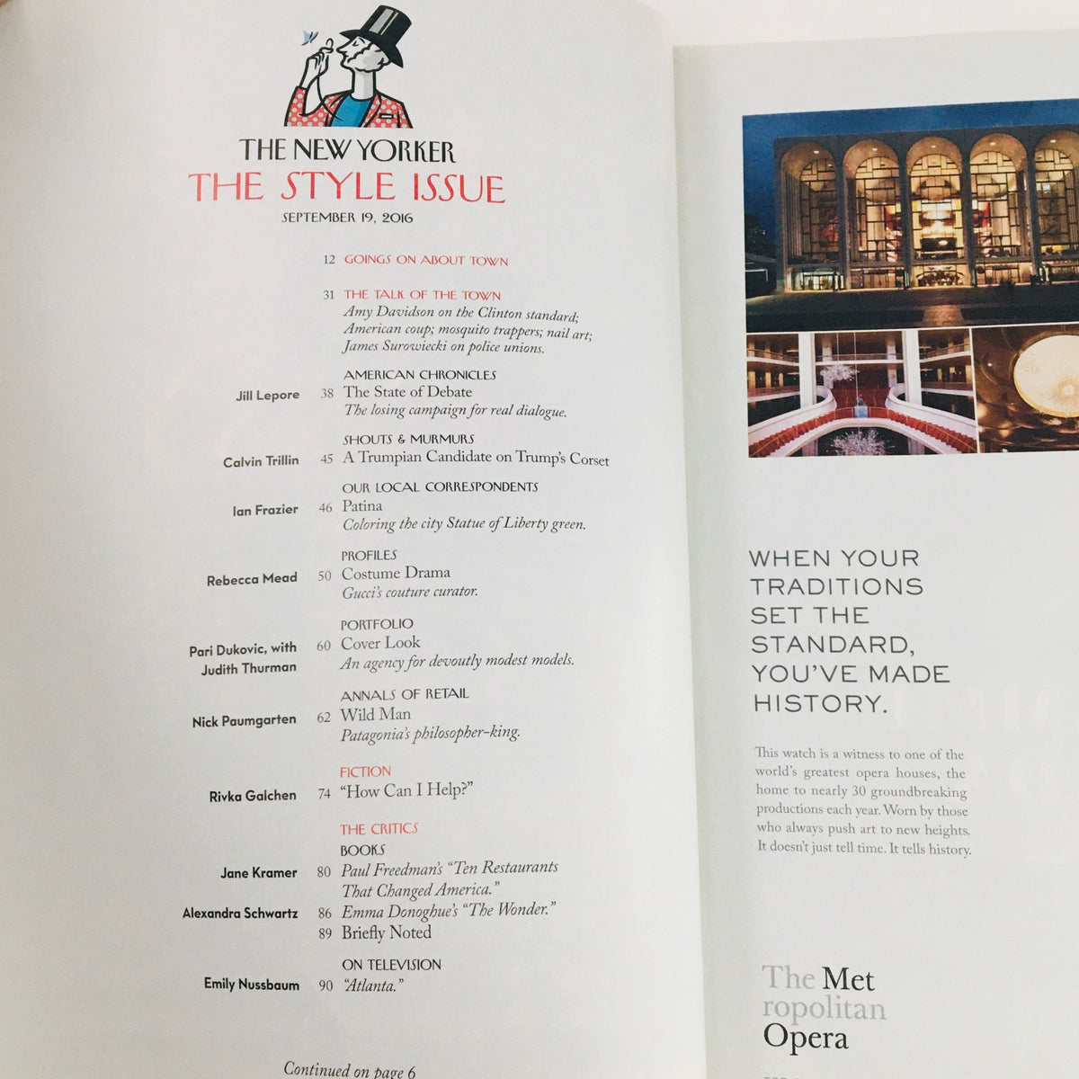 The New Yorker September 19 2016 interior page, titled 'The Style Issue', displaying the contents list with iconic features and contributions from various writers.