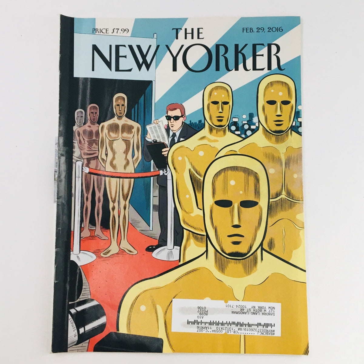 The New Yorker February 29 2016 Full Magazine theme cover by Daniel Clowes featuring golden statues and a man in a suit holding a clipboard.