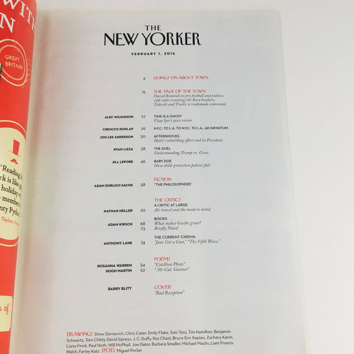 Cover page of The New Yorker February 1, 2016 issue featuring the title and contents list, illustrating the magazine's signature style. The issue includes a full magazine theme cover by Barry Blitt, highlighting cultural commentary and artistic flair.
