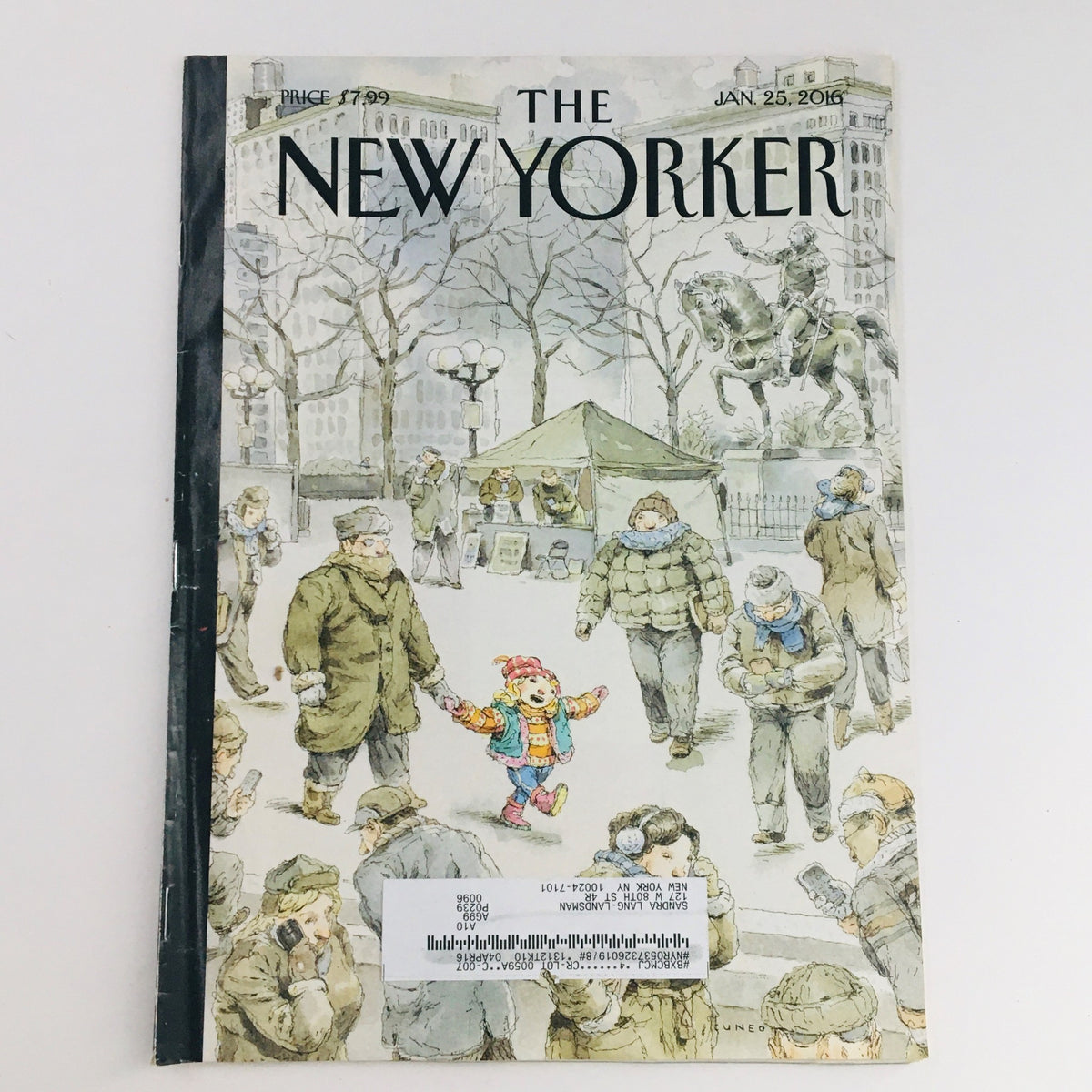 The New Yorker January 25 2016 Full Magazine Cover by John Cuneo featuring a winter scene with people in warm clothing and street vendors.