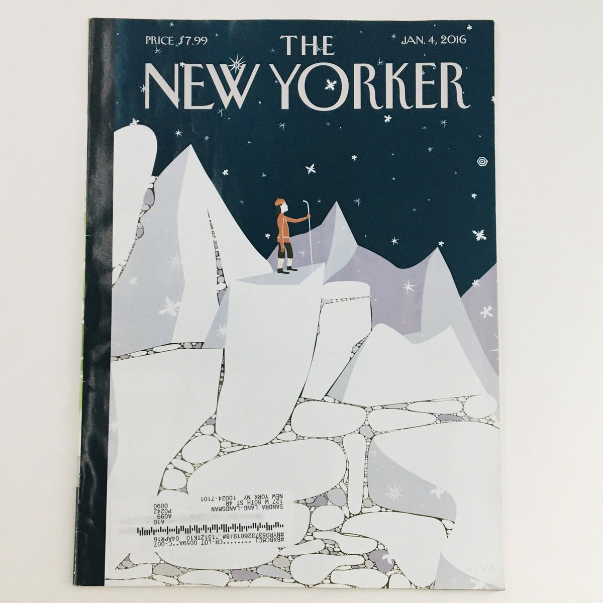 Cover of The New Yorker January 4 2016 featuring artwork by Frank Viva, depicting a serene winter scene with a figure standing on rocky terrain against a starry night sky.