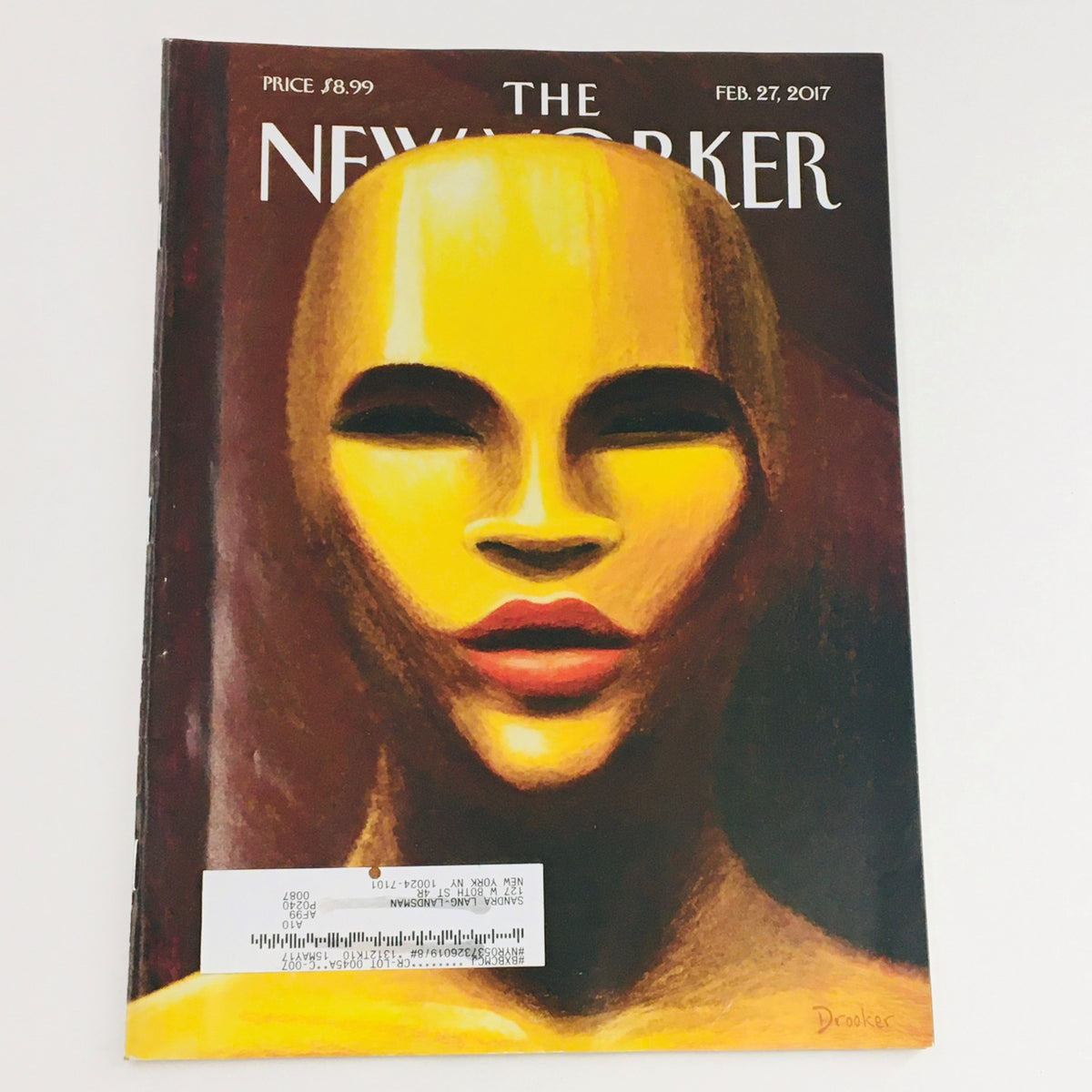 The New Yorker February 27 2017 Full Magazine cover featuring striking artwork by Eric Drooker, showcasing a faceless yellow figure, emphasizing bold artistry and design.