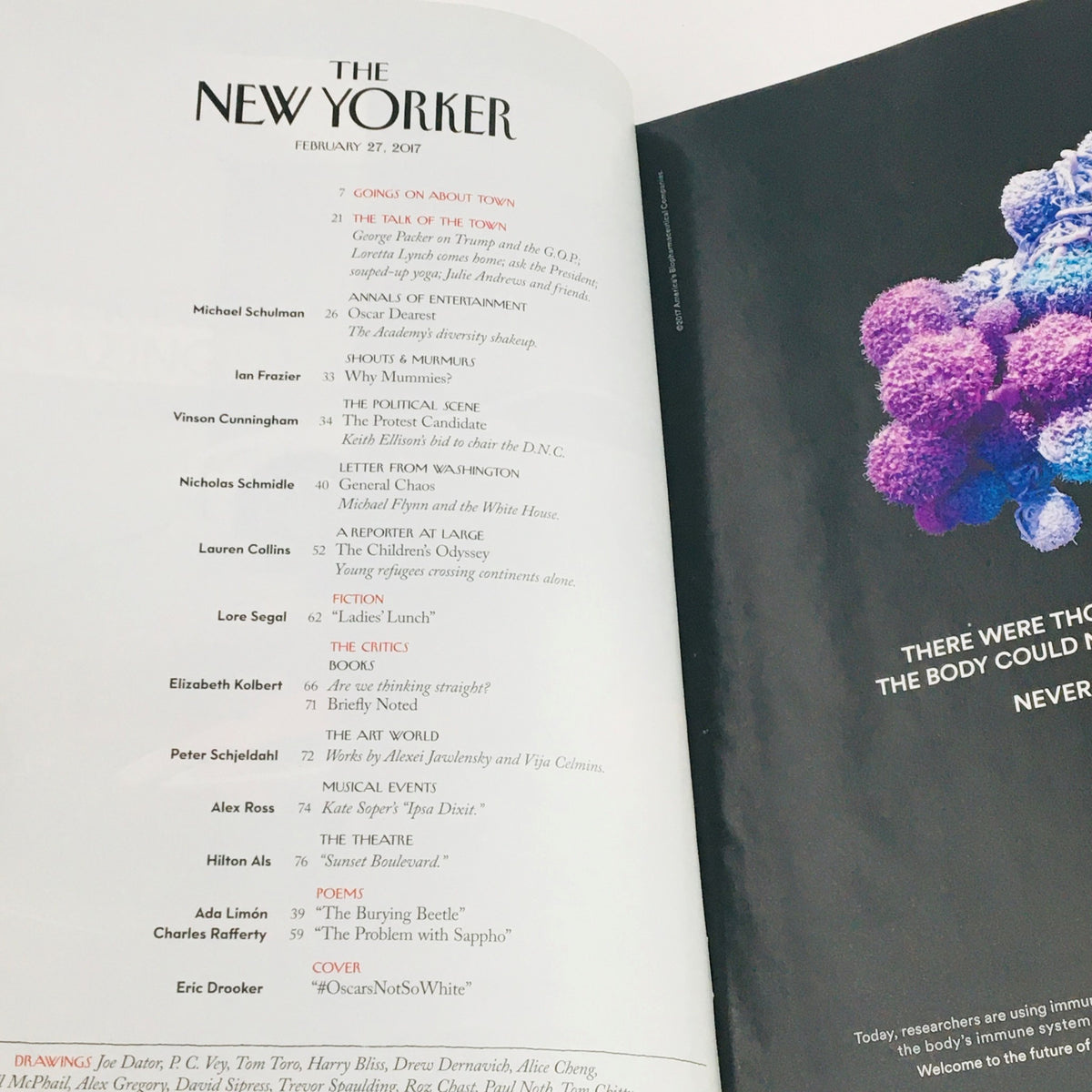 Interior page from The New Yorker February 27 2017, displaying the table of contents with article titles and authors, highlighting the magazine's rich journalistic content.