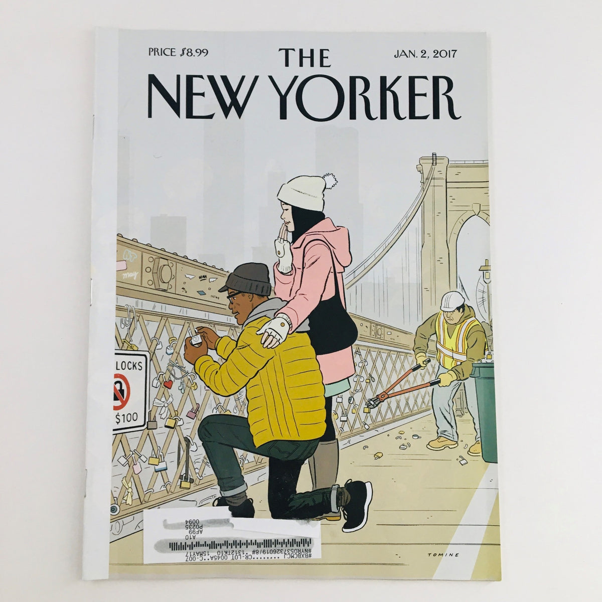The New Yorker January 2, 2017 cover featuring an illustration by Adrian Tomine, showcasing Brooklyn Bridge with characters in winter attire.