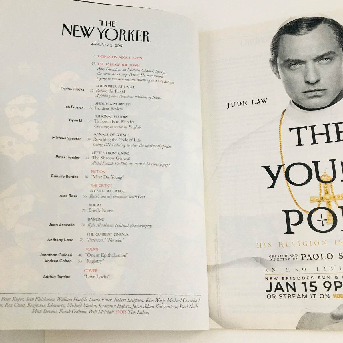 Inside page of The New Yorker January 2, 2017 displaying the title and contents, including a feature on Jude Law and episodes airing Sunday.
