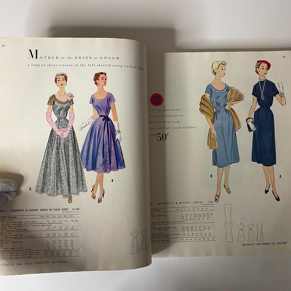 Image from the 1954 July McCall's The First Printed Pattern Catalog displaying elegant Mother of the Bride or Groom dress options, with a focus on full skirts and versatile designs.