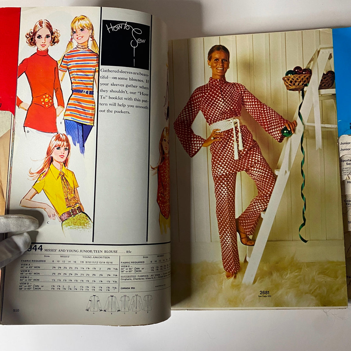 Visual from the 1971 McCall's Holiday Issue Catalog presenting trendy blouse patterns with instructions, showcasing 70s fashion styles and fabrics.