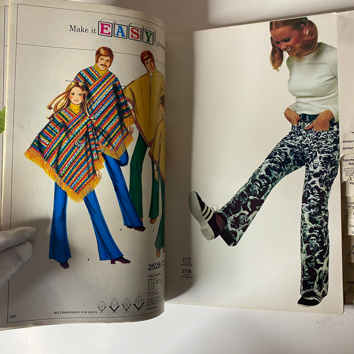 Image from the 1971 McCall's Holiday Issue Catalog illustrating easy knit designs, featuring fashion ponchos and stylish pants, representing retro style.