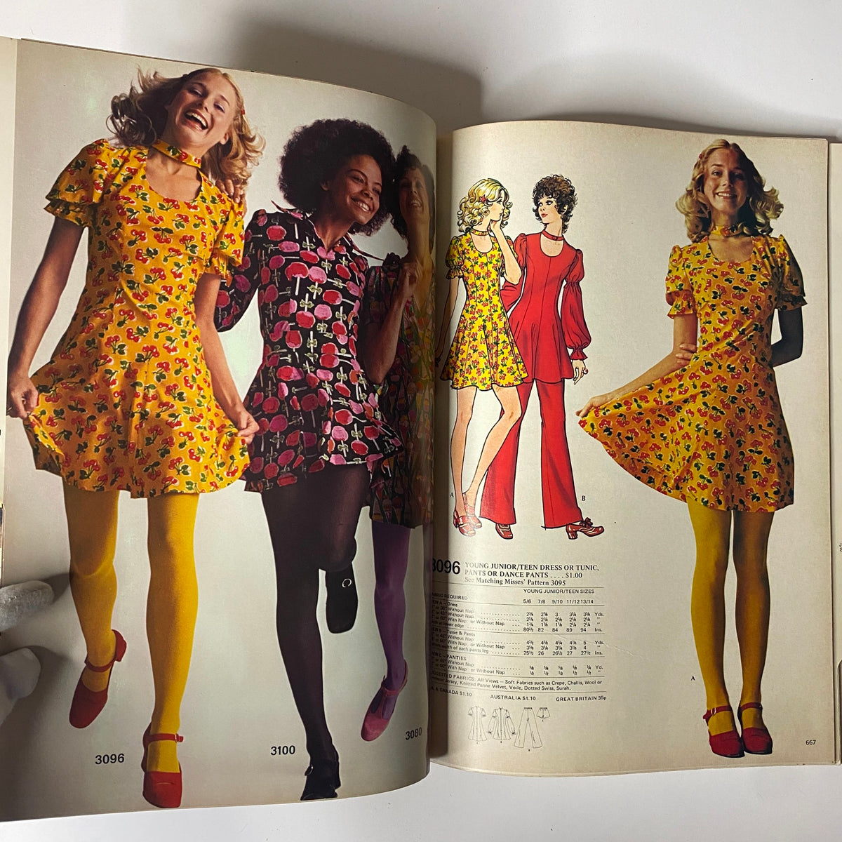Page from the 1972 McCall's School Spring Catalog showing young women in cheerful dresses with floral patterns, embodying the playful spirit of 1970s spring fashion.