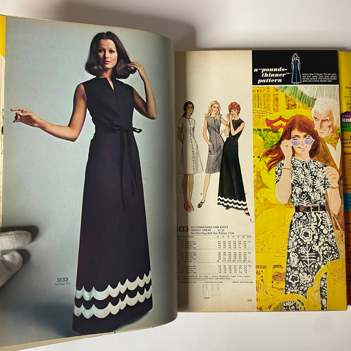 1972 April McCall's catalog displaying a sophisticated black dress with a tied waist alongside retro patterned dress options. Captures the essence of 1970s fashion.