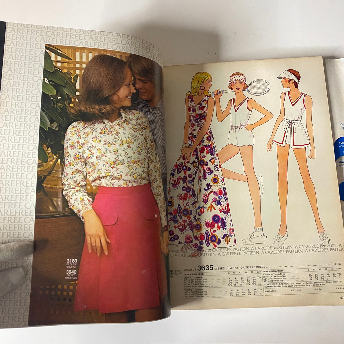 1973 July - August McCall's Carefree Patterns catalog image featuring a flowery blouse and pink skirt, showcasing early '70s fashion style.