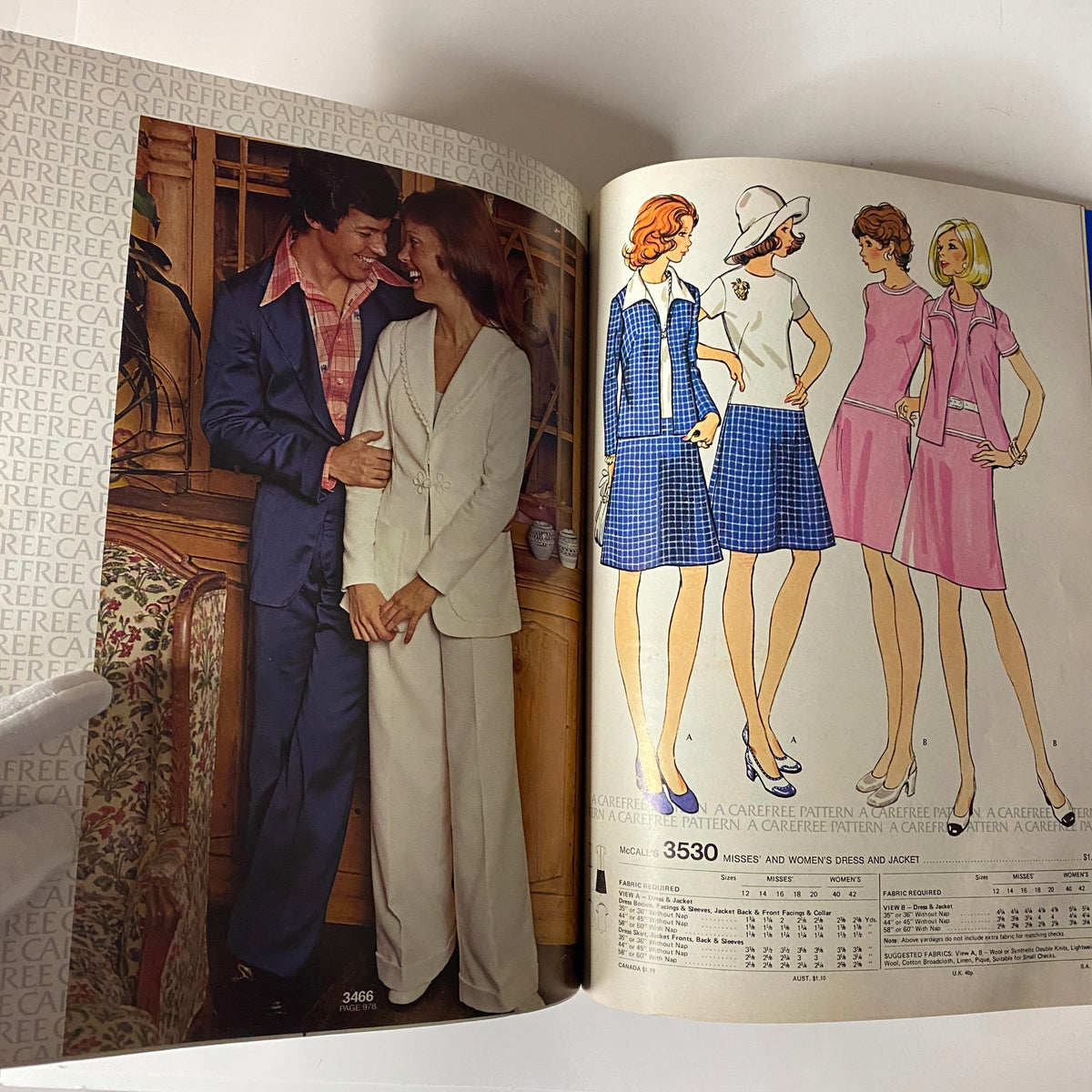 1973 July - August McCall's Carefree Patterns catalog image depicting a couple in retro outfits alongside illustrations of women's dresses and jackets.