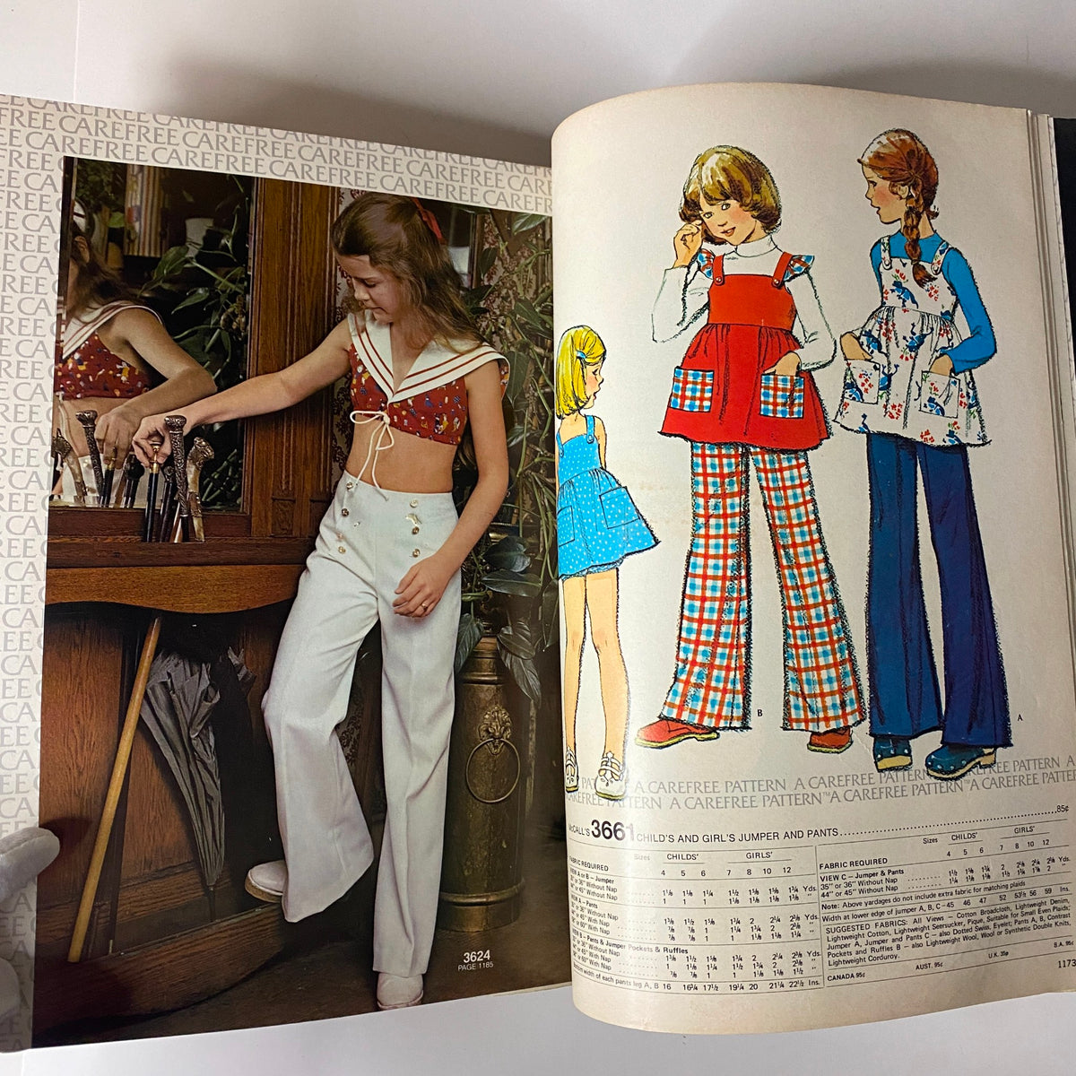 1973 July - August McCall's Carefree Patterns Catalog highlighting a young girl in a retro outfit, focusing on vintage sewing patterns for children.