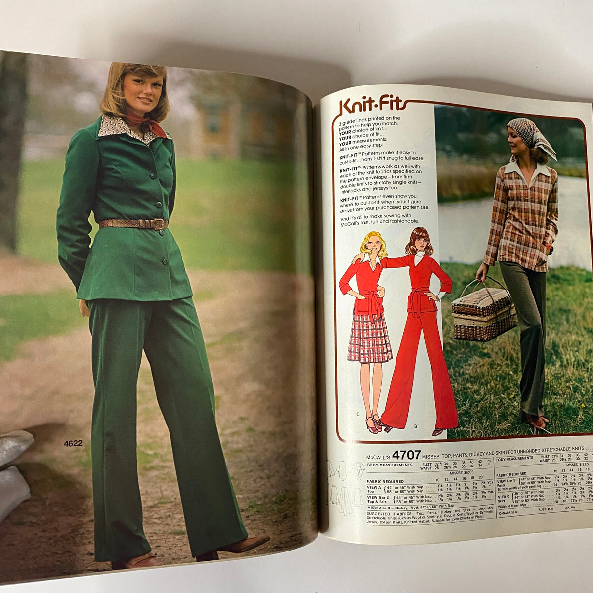 1975 October Carefree Patterns from McCall's - Image showcasing two women wearing mid-1970s fashion styles, including a green suit and plaid attire, from a McCall's sewing catalog.