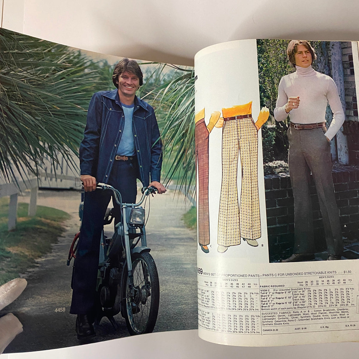 1975 October Carefree Patterns from McCall's Huge Store Retail Counter Catalog showcasing a man in casual 1970s fashion on a bicycle, featuring denim attire and a relaxed style.