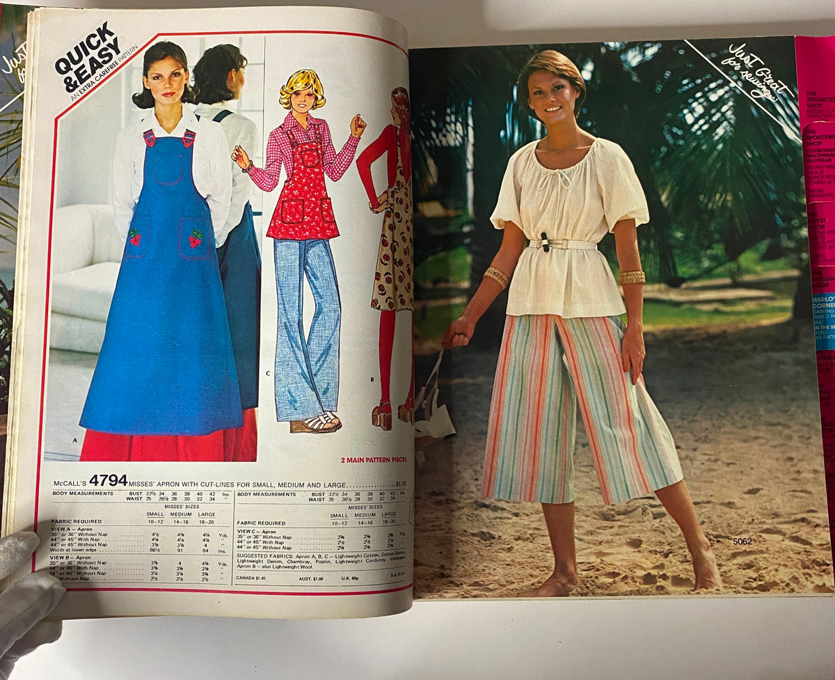 1975 July-August Carefree Patterns McCall's Catalog showcasing Quick & Easy patterns for dresses and casual winter wear. The image displays colorful designs including an apron and a model in a light top with trousers.