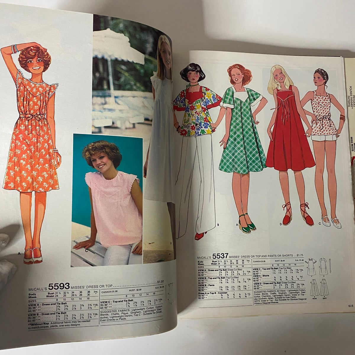 Fashion designs from the 1977 July Carefree Patterns McCall's Catalog including dresses and tops, presenting a vibrant 1970s summer style.