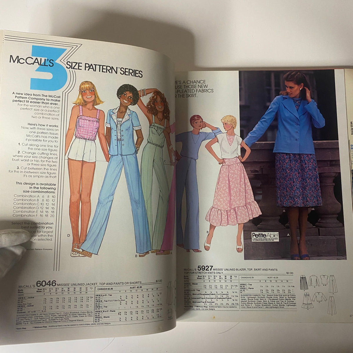 Illustrations of models featuring various McCall's sewing patterns including blazers and casual wear from the 1970s June Carefree Patterns McCall's Huge Store Retail Counter Catalog.