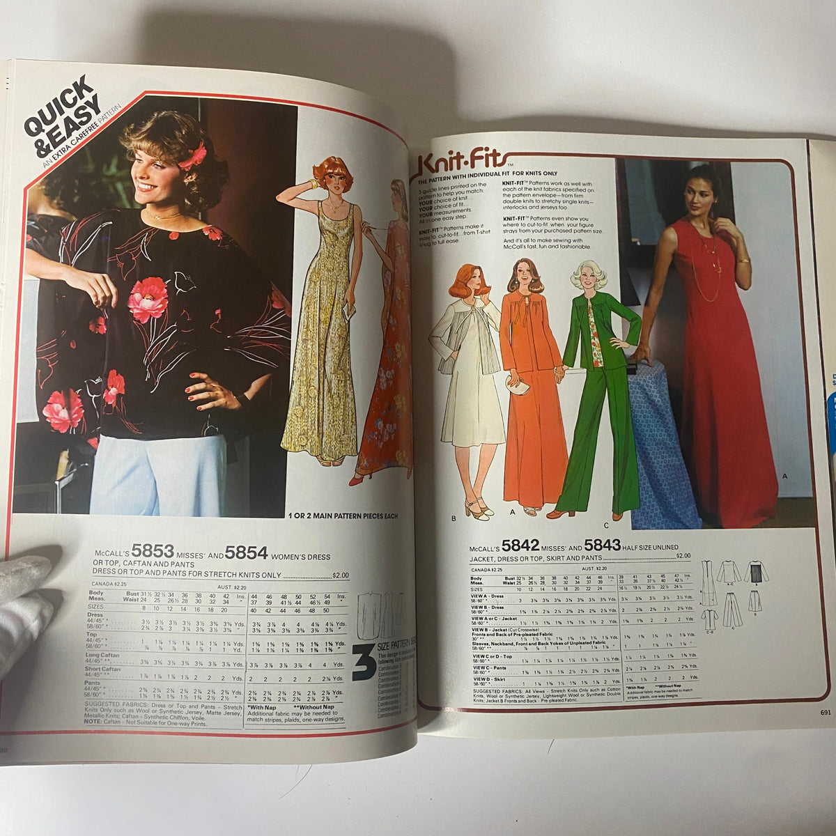 A vibrant page showcasing quick and easy sewing patterns for women from the 1970s June Carefree Patterns McCall's Huge Store Retail Counter Catalog, highlighting knit fits.