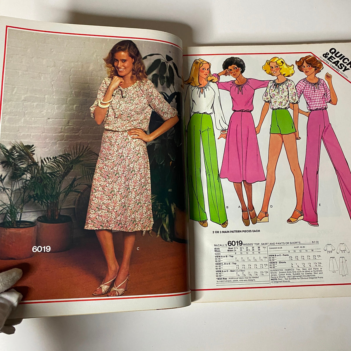 1977 July Carefree Patterns from McCall's Summer Catalog showcasing a floral dress design and various easy-to-sew patterns suitable for summer fashion.