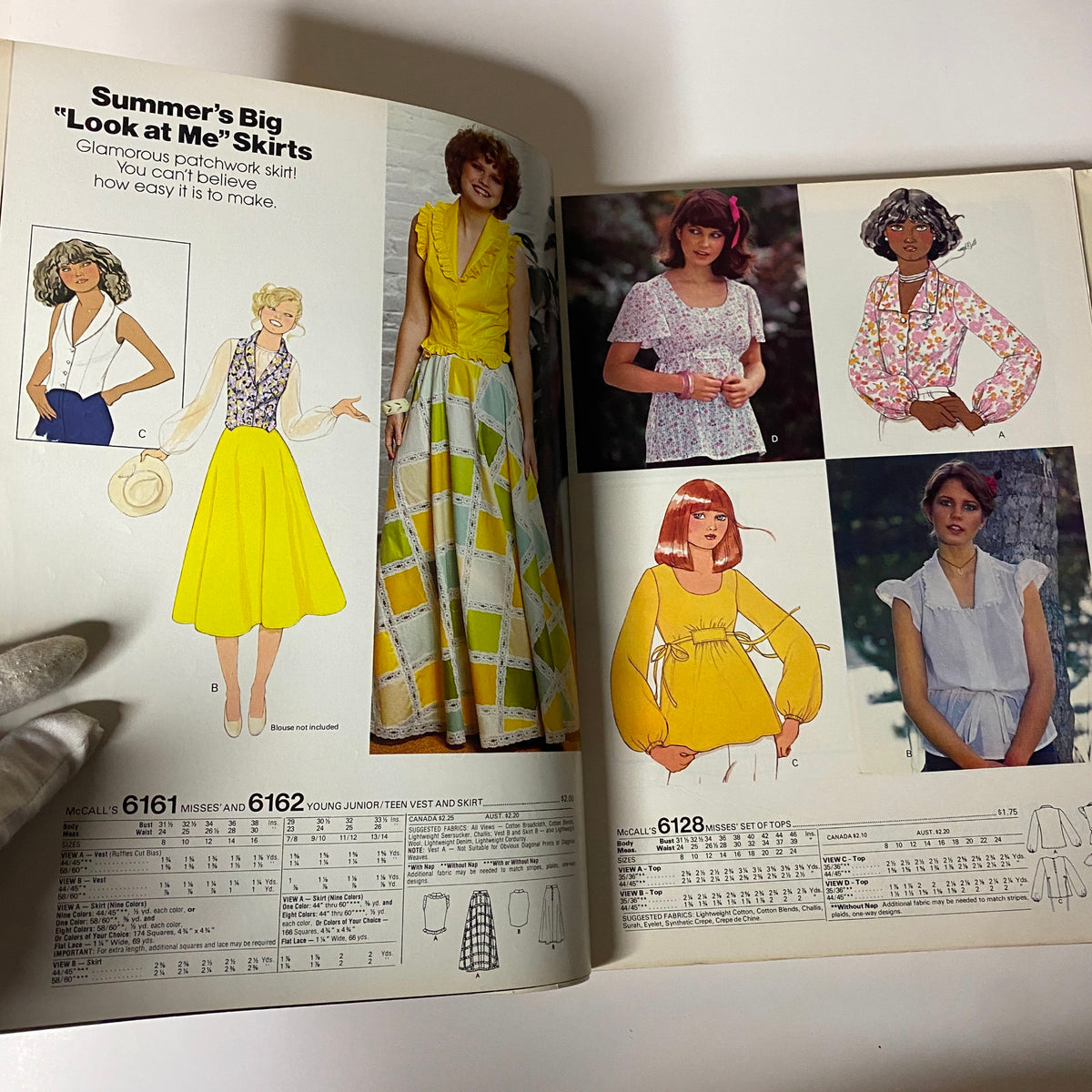 1977 July Carefree Patterns from McCall's Summer Catalog featuring a selection of stylish skirts and tops for summer, highlighting glamor and ease of sewing.