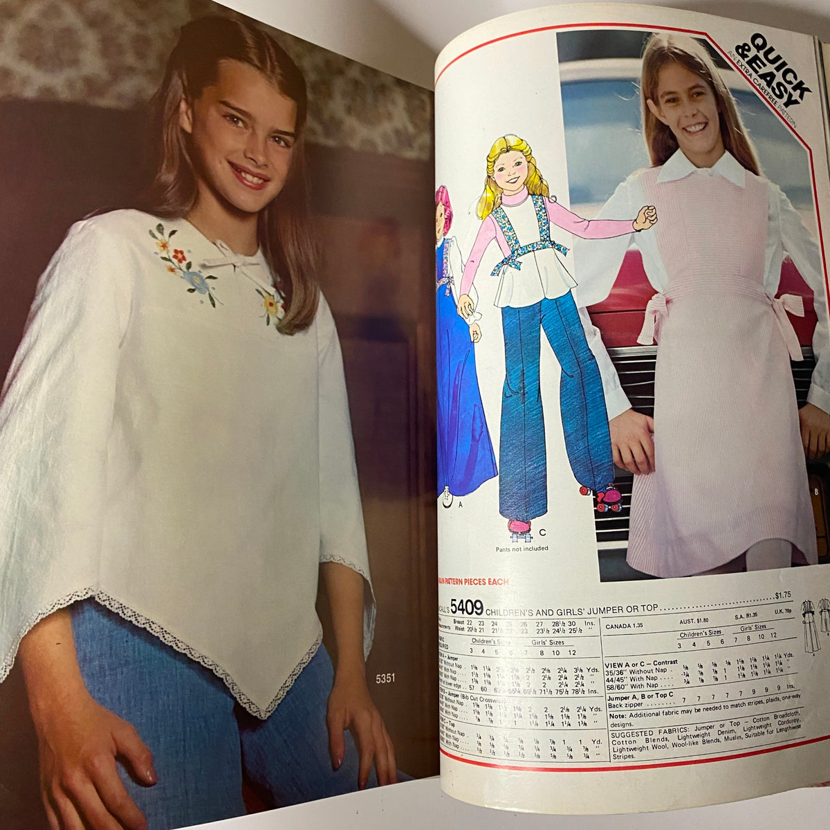 1970s March Carefree Patterns from McCall's Catalog displaying children's clothing options, including embroidered tops and stylish jumpsuits, ideal for young fashion enthusiasts.
