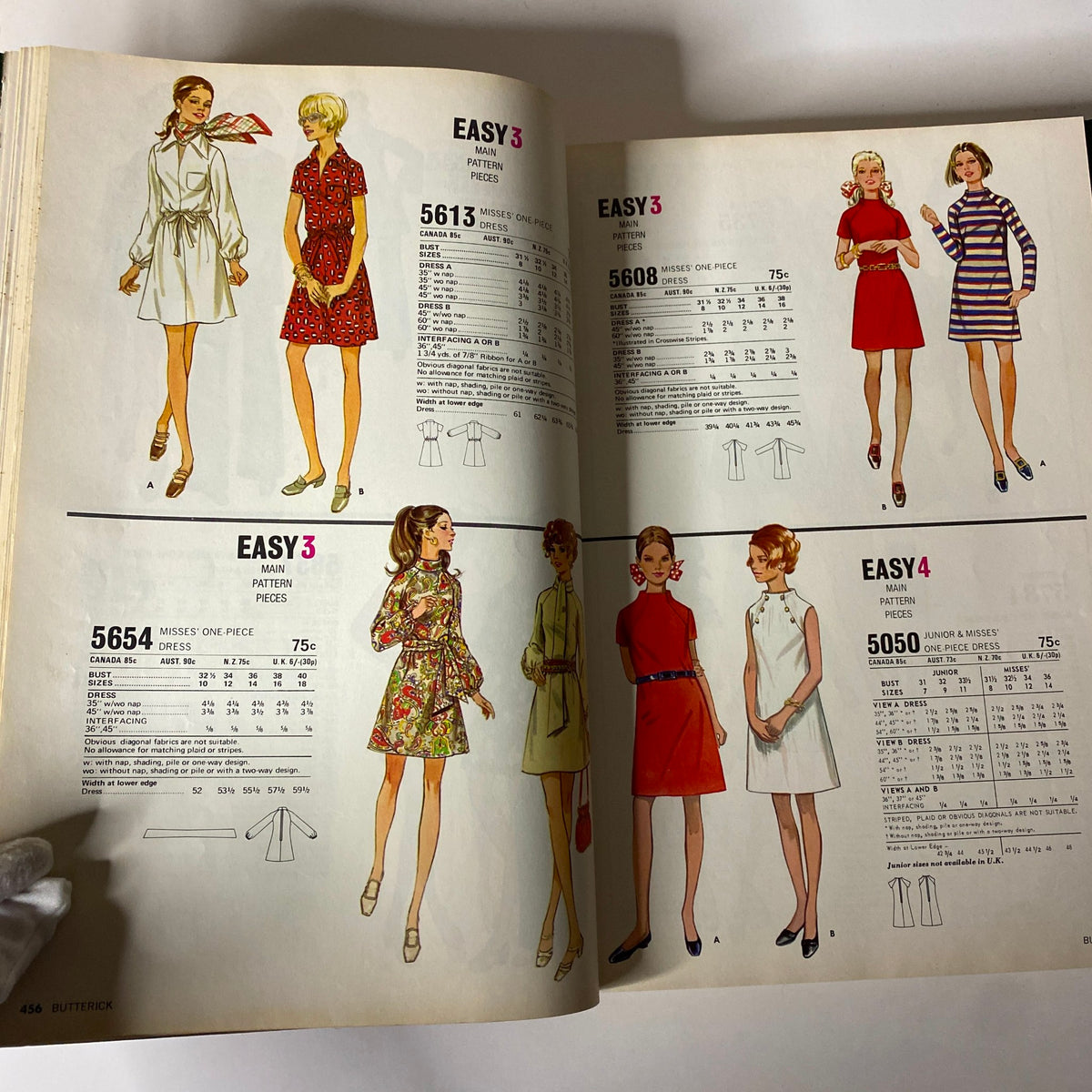 Another interior page from the 1971 July Butterick Vogue Collection Catalog highlighting 'Easy' patterns with stylish 1970s dresses and their specifications.