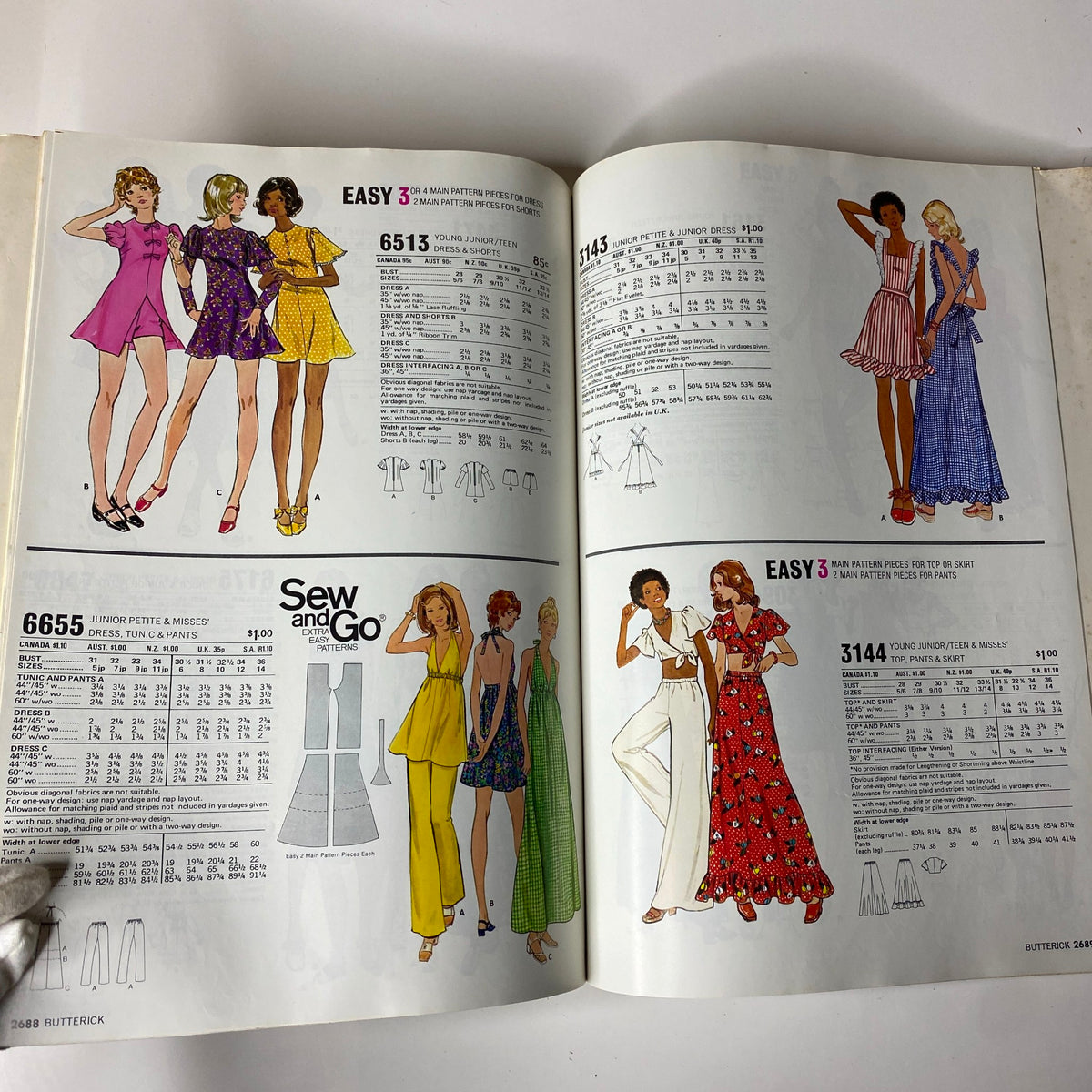 1974 June Butterick Catalog showcasing colorful sewing patterns for young juniors, featuring dresses, skirts, and pants, ideal for creating stylish outfits.