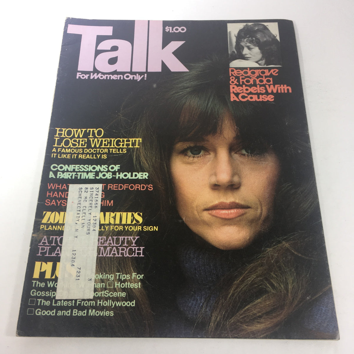 Cover of Talk Magazine from March 1977 featuring prominent figures with the title 'Redgrave & Fonda Rebels With A Cause'. The magazine includes headlines about health and Hollywood news.