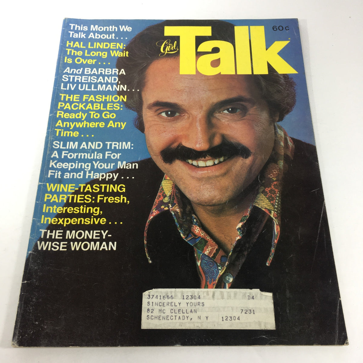 Cover of VTG Girl Talk Magazine: April 1976 featuring Hal Linden with a mustache, promotional text about Barbra Streisand and Liv Ullman, and topics like wine-tasting and fitness.