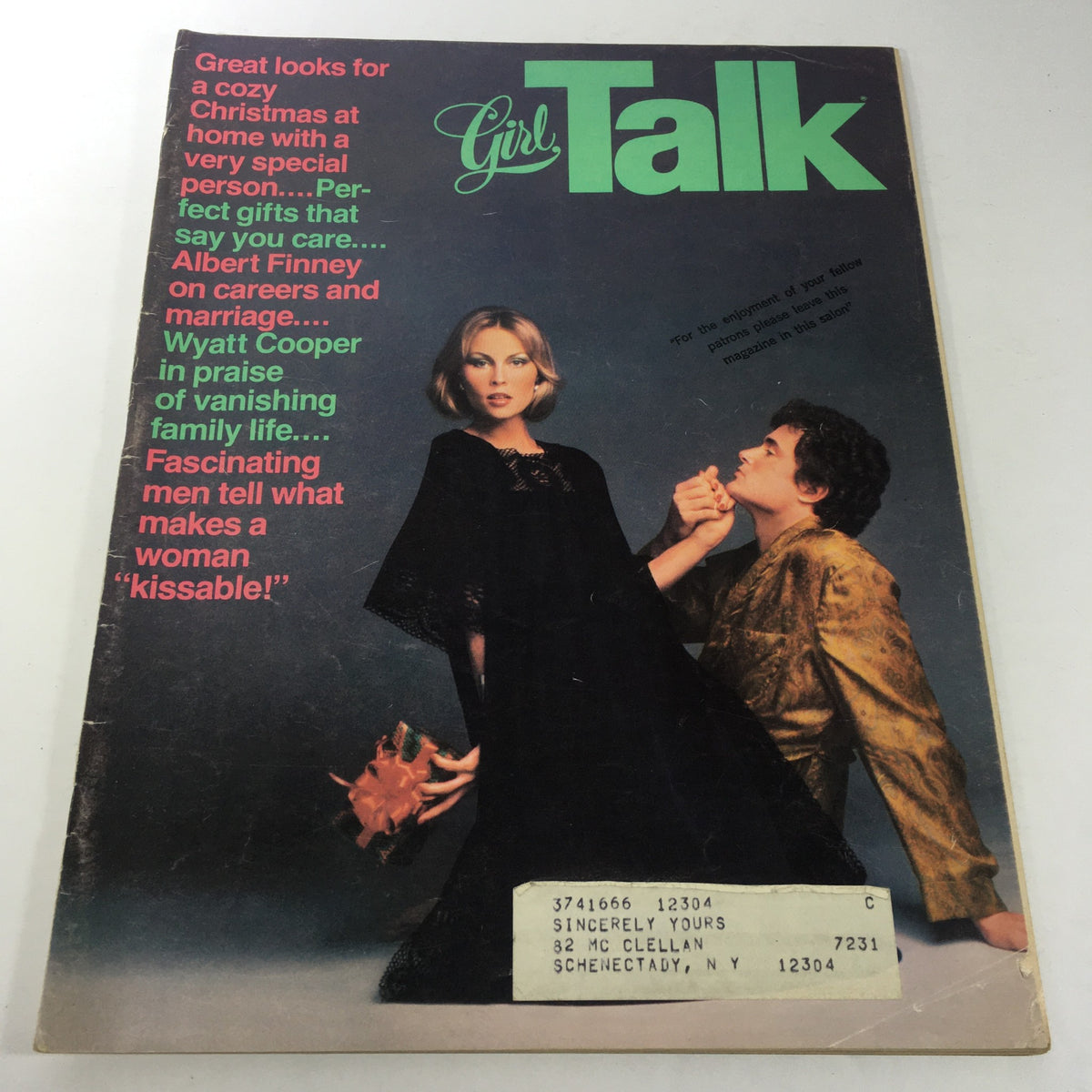 VTG Girl Talk Magazine Cover December 1975 featuring a model in a black dress and a male companion, showcasing articles on Christmas fashion, Wyatt Cooper's insights on vanishing family life, and more.