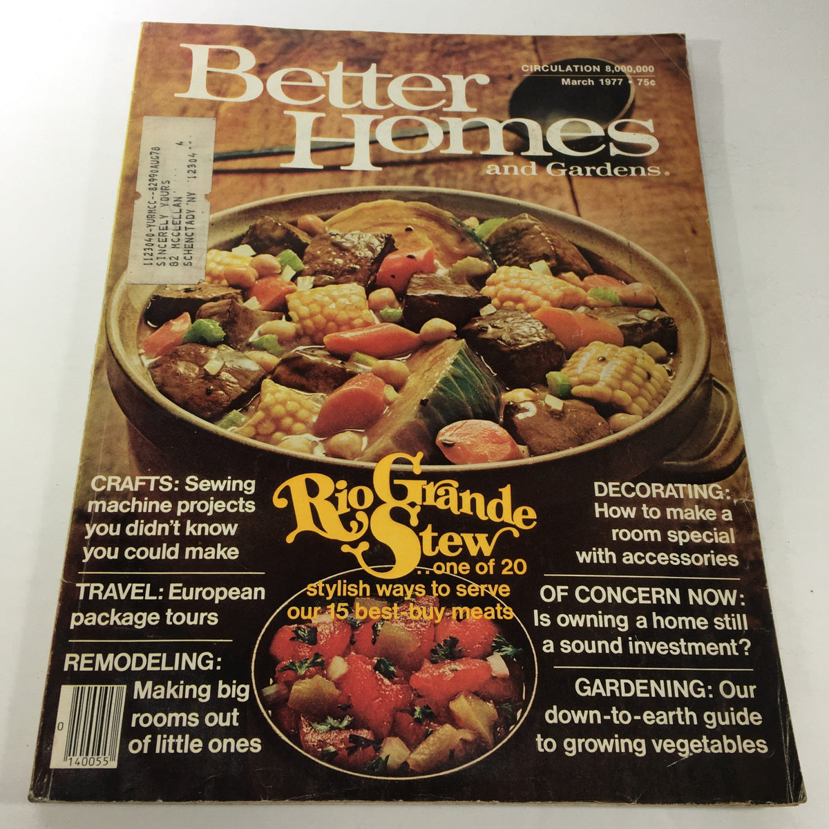 Vintage Better Homes & Gardens Magazine from March 1977 featuring a rich and hearty Rio Grande Stew recipe. The magazine cover illustrates colorful ingredients, providing a nostalgic look at 1970s culinary culture. Includes features like crafts, travel, and home decorating tips.